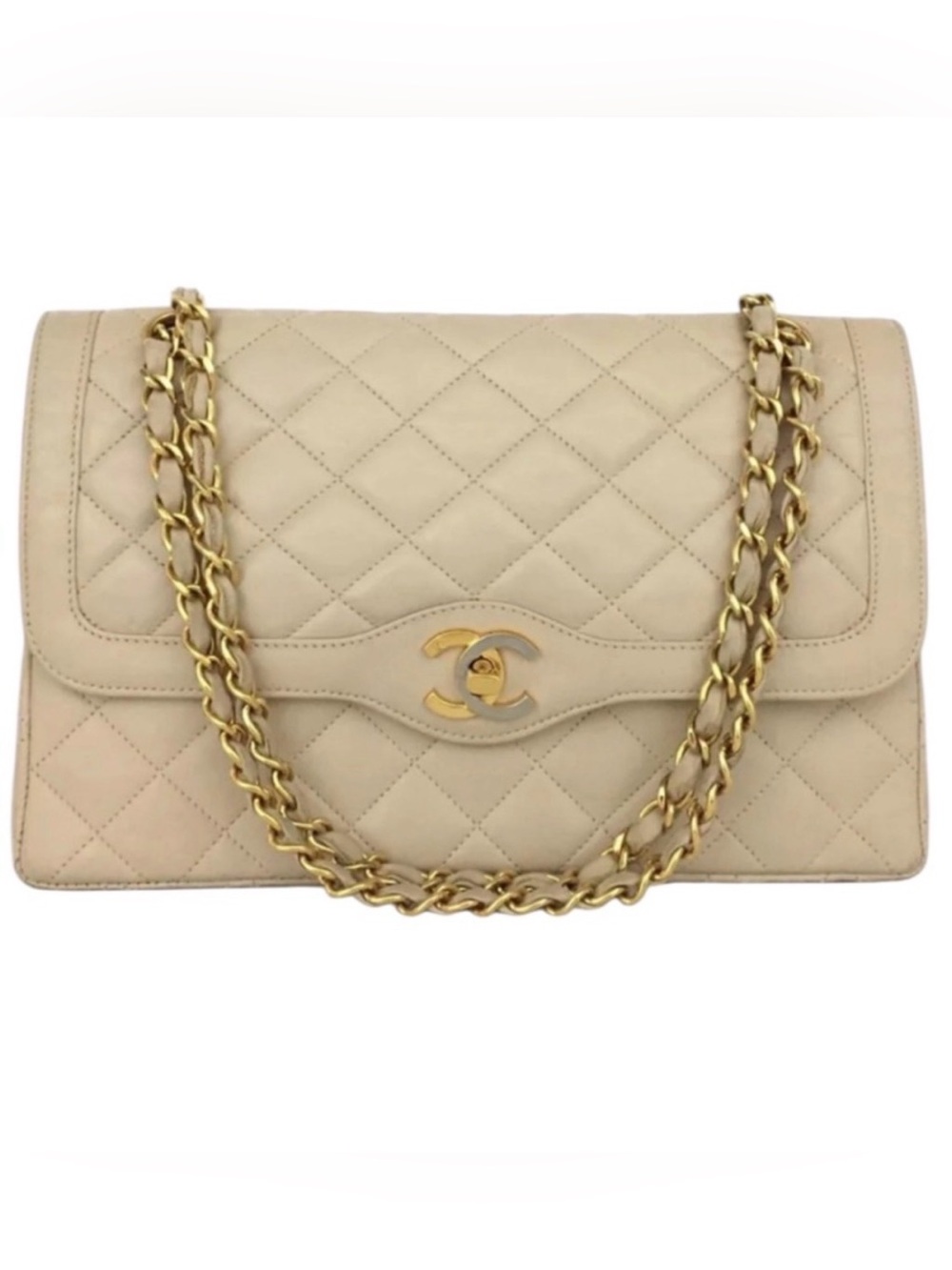 CHANEL Paris Limited Double Flap Bag Beige Lambskin 24K Gold Hardware Vintage